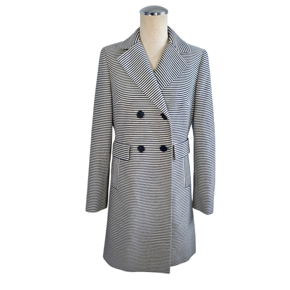 Talbots Blue and White Stripe Double Breast Lined Coat with Notched Lapel Sz 4